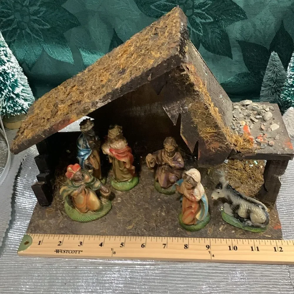 Nativity Set‎ Wooden Manger With 8 Figures Retro Christmas Vintage Made In Italy